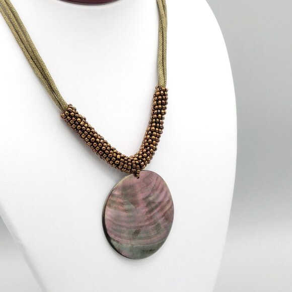 Lia Sophia Corded Bronze Beaded Necklace MOP Mother of Pearl Pendant 16 in - Picture 3 of 7